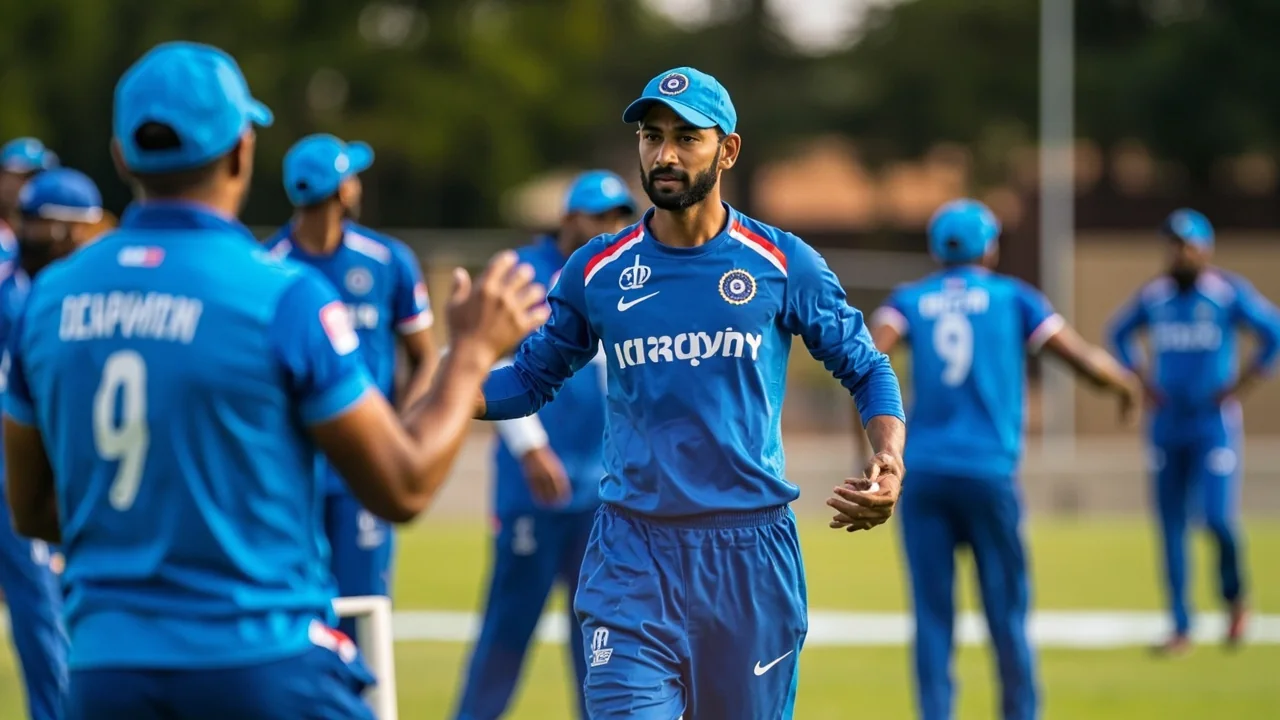 Indian spin bowler in mid-action on a dry, turning subcontinental pitch with close fielders set