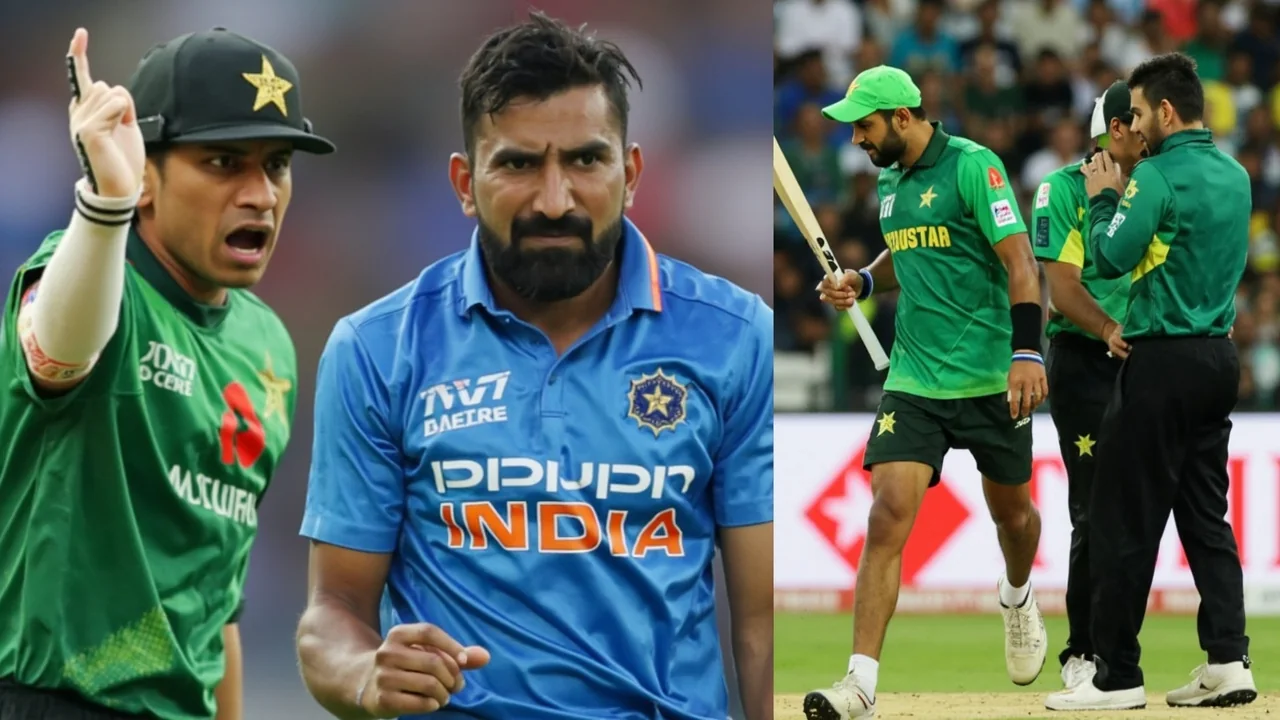 Medium tactical view of the Nassau County set: India captain conferring with bowler at mid-pitch, fielder inside the ring and the batter taking guard at the striker's end under afternoon haze