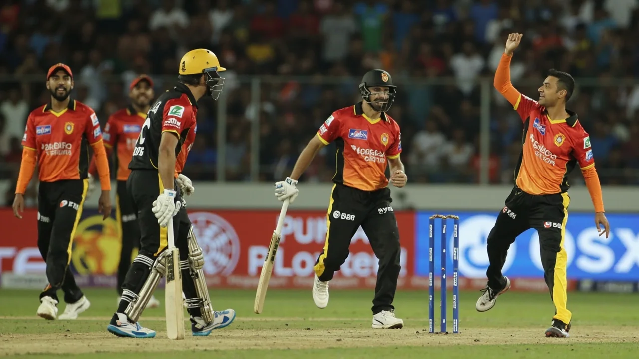 Medium tactical view of the Pallekele outfield during a Lanka Premier League evening match, showing field placement and the team huddle between overs