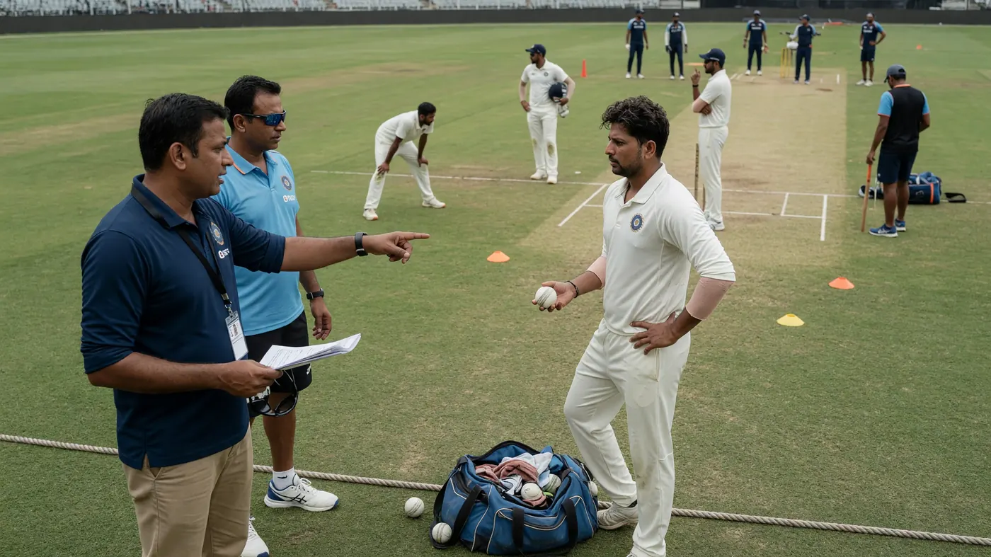 Spin bowler and close-in fielders set a defensive ring on a turning surface during a bilateral series session