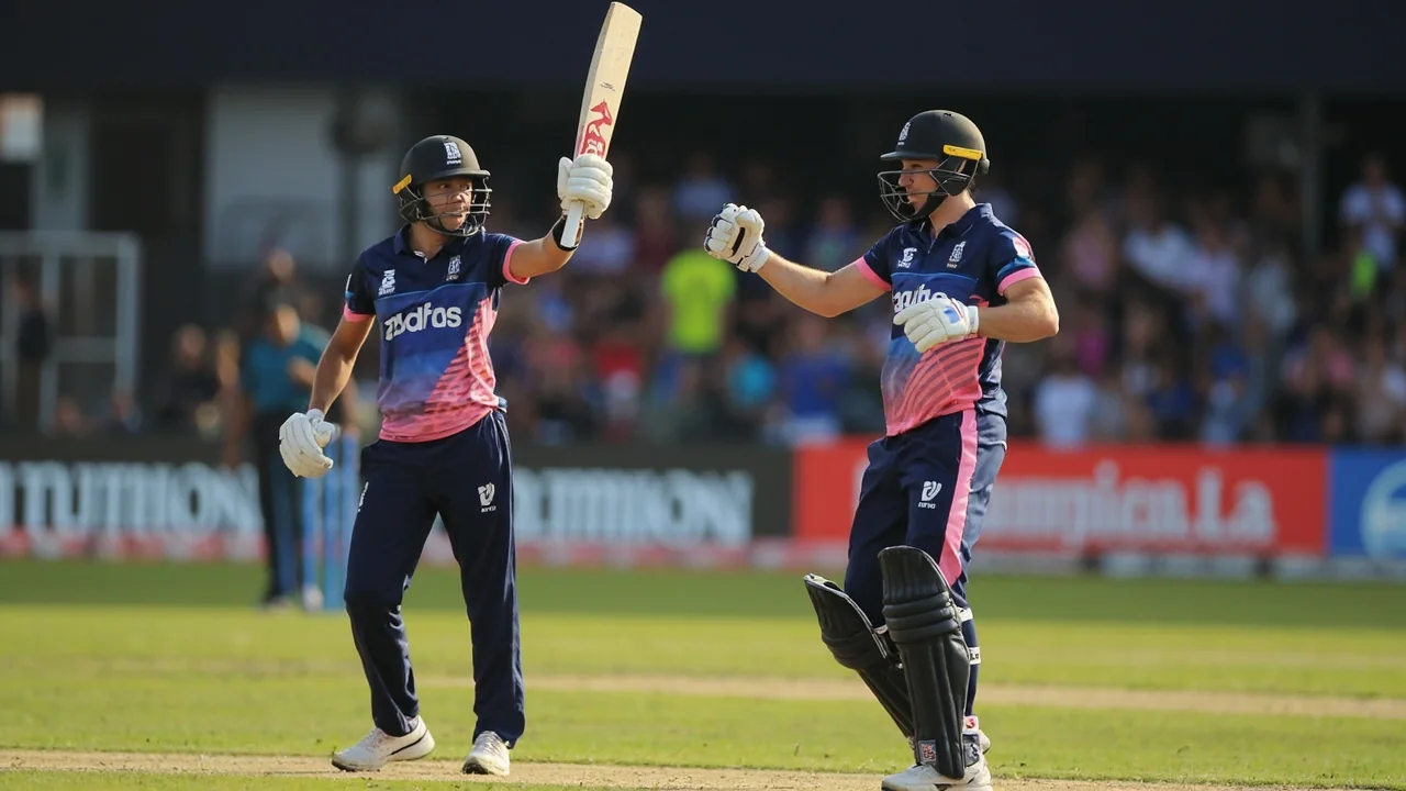 Medium tactical view at Old Trafford — fielding captain and bowler conferring at mid-pitch with the slip cordon set and the batter taking guard for the next set