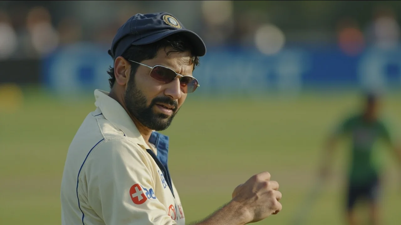 Medium-distance view of Indian players in a tactical huddle during a drinks break in a T20I, with a coach gesturing toward the pitch