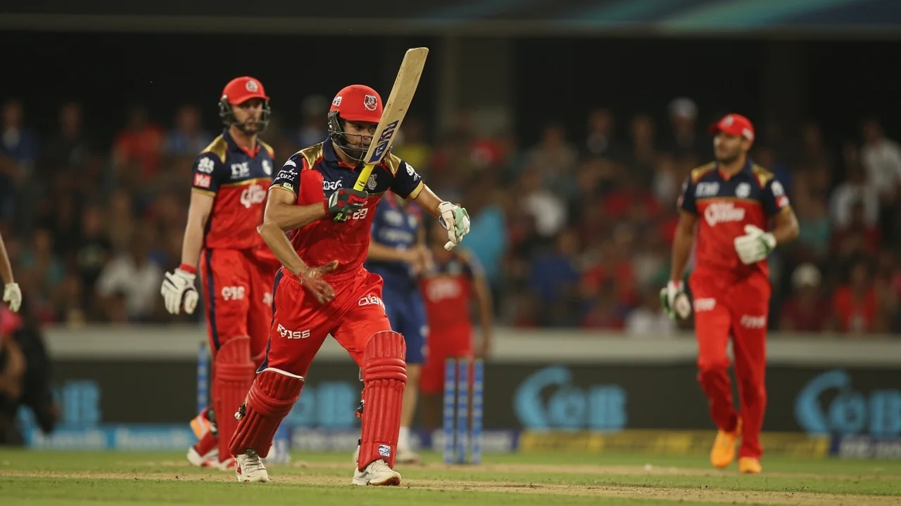 Sideline view of a T20 match in play, with a batsman driving through the covers and fielders converging in attacking positions on a worn square