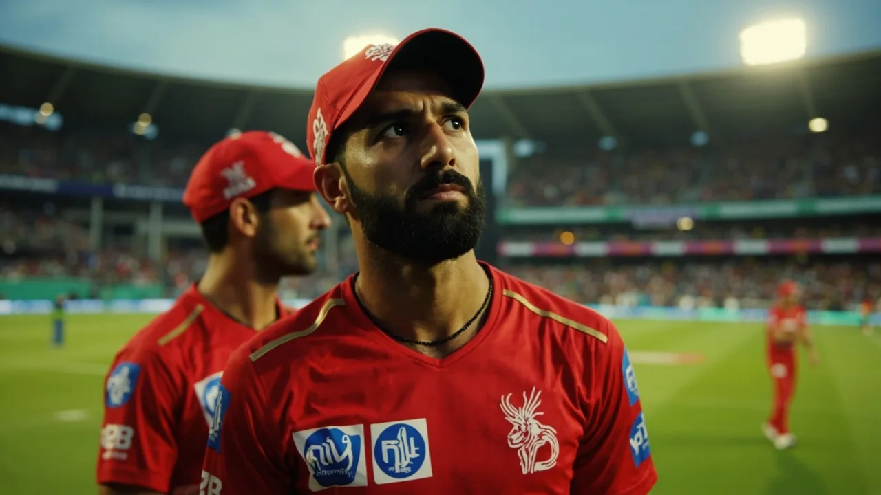 Wide establishing view of an Indian Premier League venue under late-afternoon floodlights, with the square prepared for a fixture and the stands filled, framing the RCB brand-value milestone in the IPL 2026 cycle
