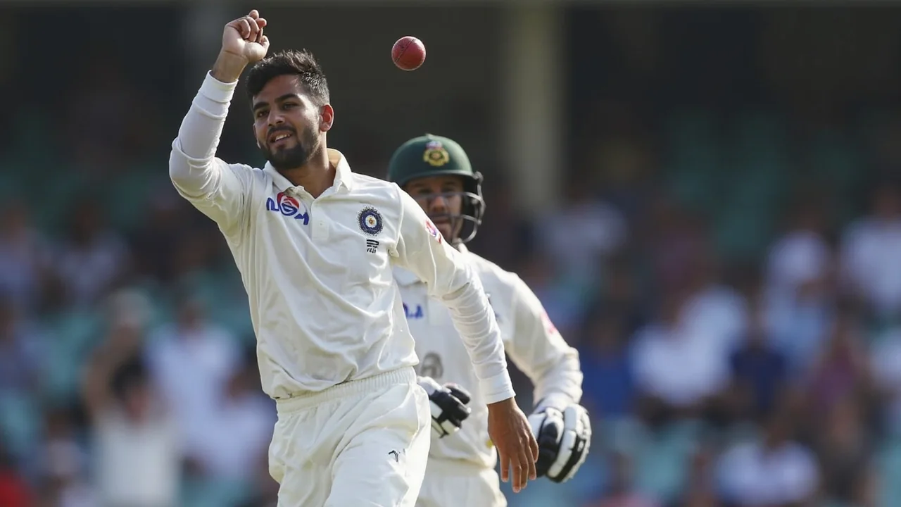 Indian spinner in mid-action on a dry, turning subcontinental pitch with close fielders set during a Test match