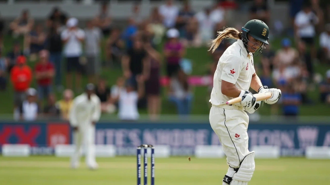 Medium-distance view of women's Hundred players in a tactical huddle between innings, a captain gesturing toward the field with the Rose Bowl surface in soft focus behind