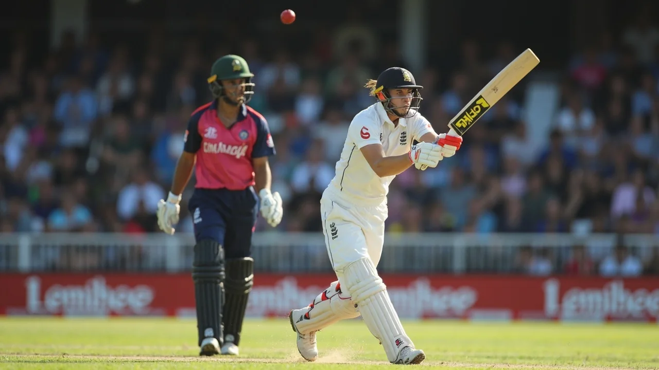 Tight sideline action frame at the Rose Bowl — a bowler in mid-delivery stride with the batter set and the slip cordon in position under the English summer lights