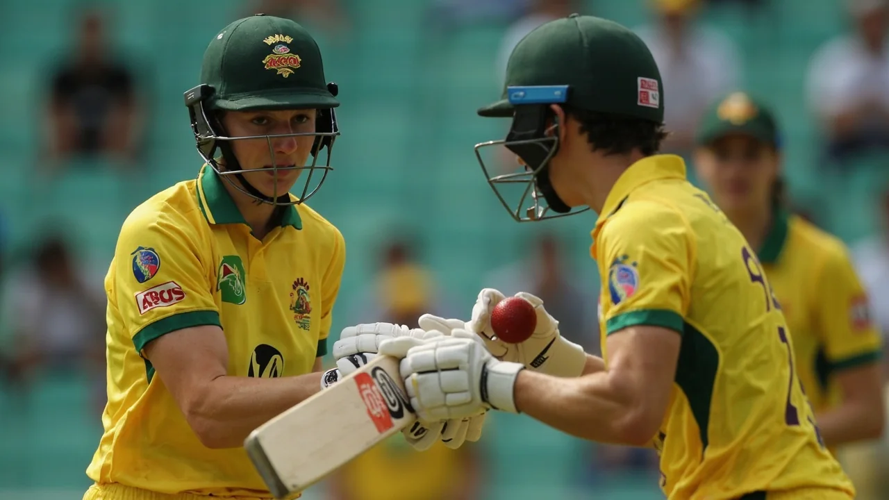 Medium tactical view at the Rose Bowl — fielder set inside the ring, captain and bowler conferring at mid-pitch, with the batter taking guard for the next set