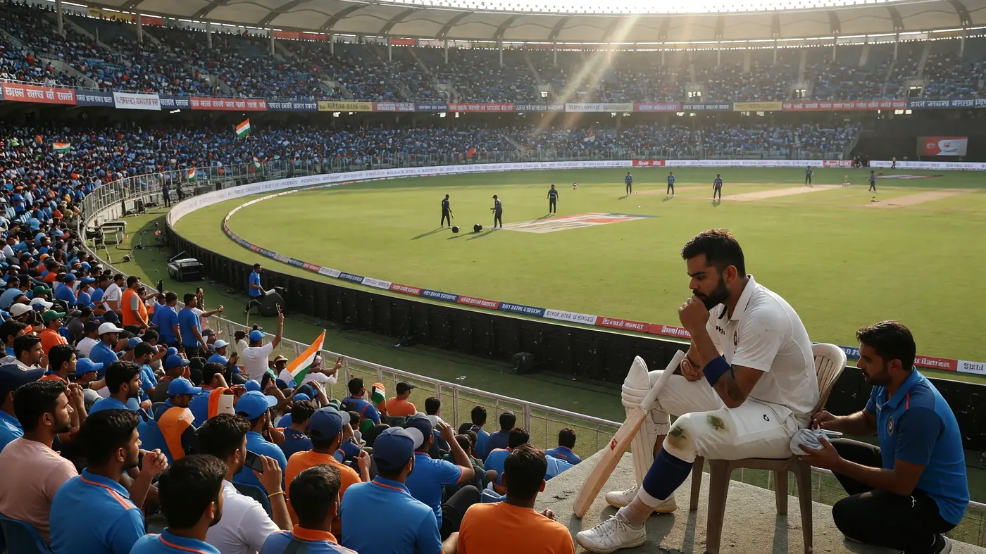 Wide afternoon view of a packed Indian cricket stadium with green outfield, boundary rope and filled stands under natural light