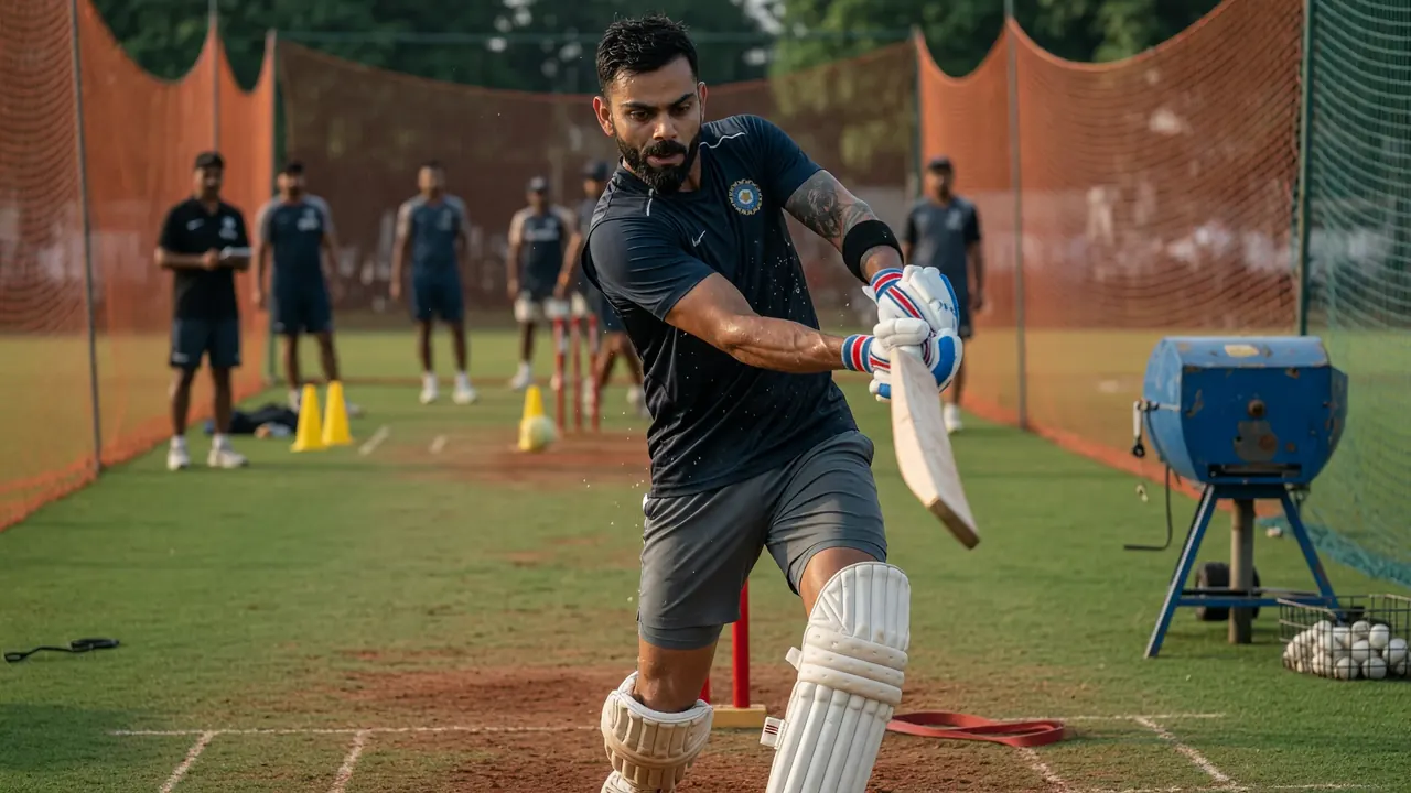Tight sideline frame of a batter striking through the line in training kit, with shallow depth of field and a blurred outfield behind