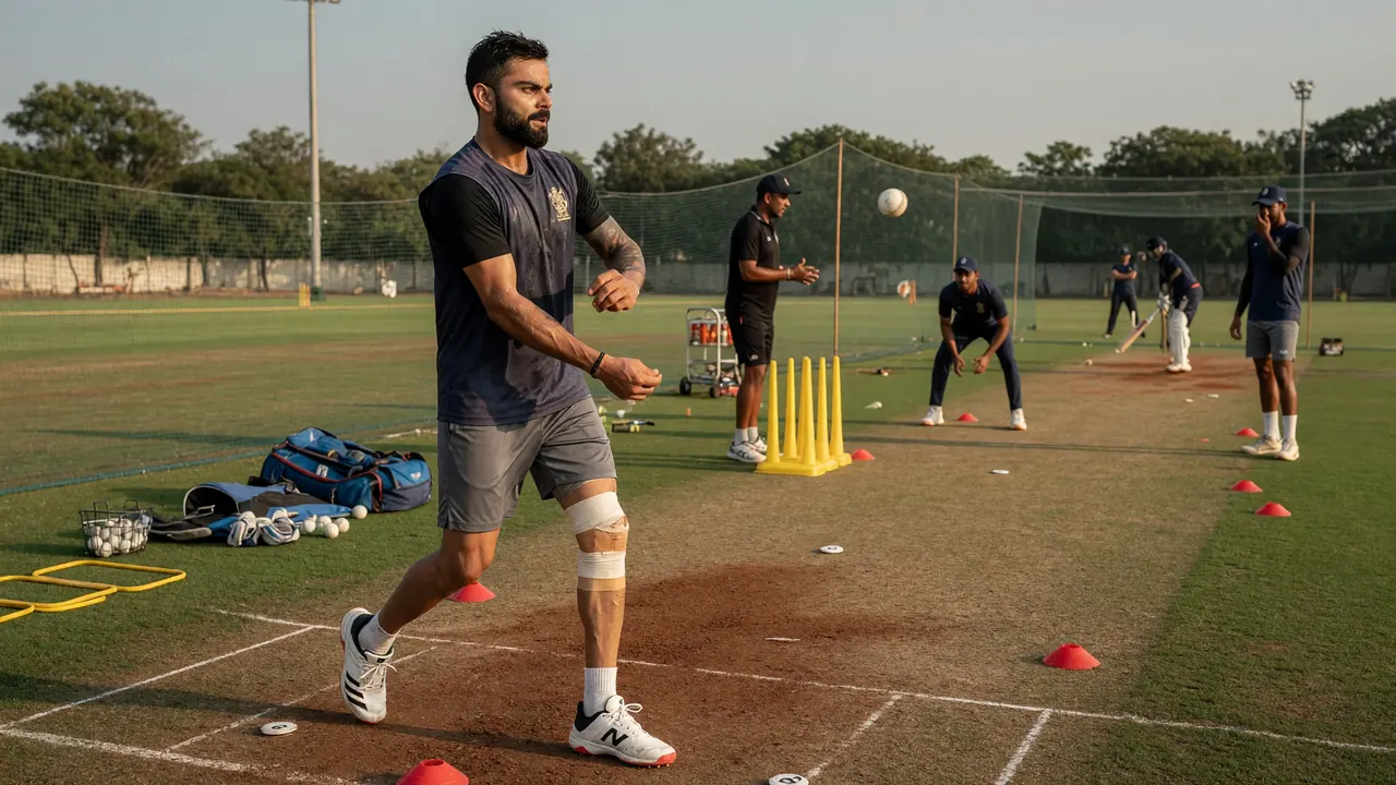 Medium tactical cricket scene with players and coaching staff near the pitch edge discussing field positions under natural light