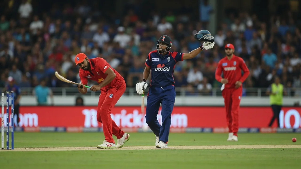 Left-handed top-order batter driving through the covers during a 100-ball game in Cardiff, ball mid-flight past the bat and a fielder closing in at cover