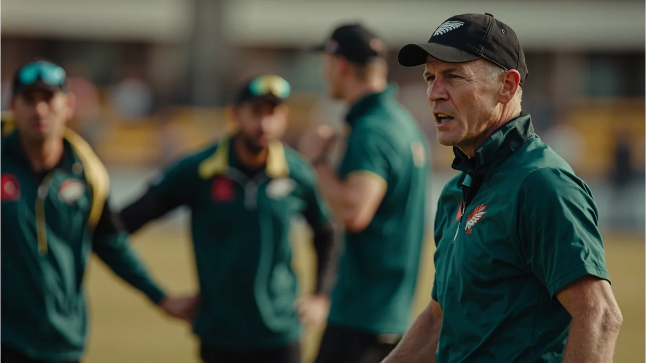 A head coach studies a field placement chart on the boundary rope with the bowler's run-up visible in the background and the slip cordon set, a typical Test-match tactical moment