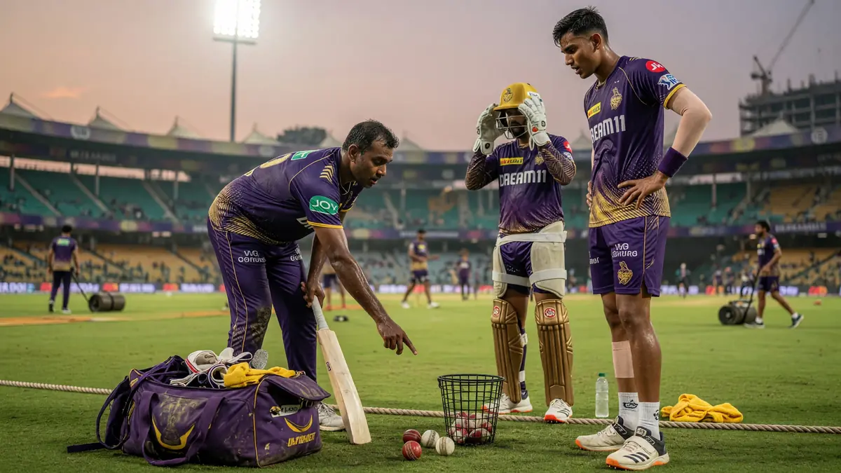 A cricket all-rounder in coloured kit plays a firm drive through the off side during a night match under stadium lights