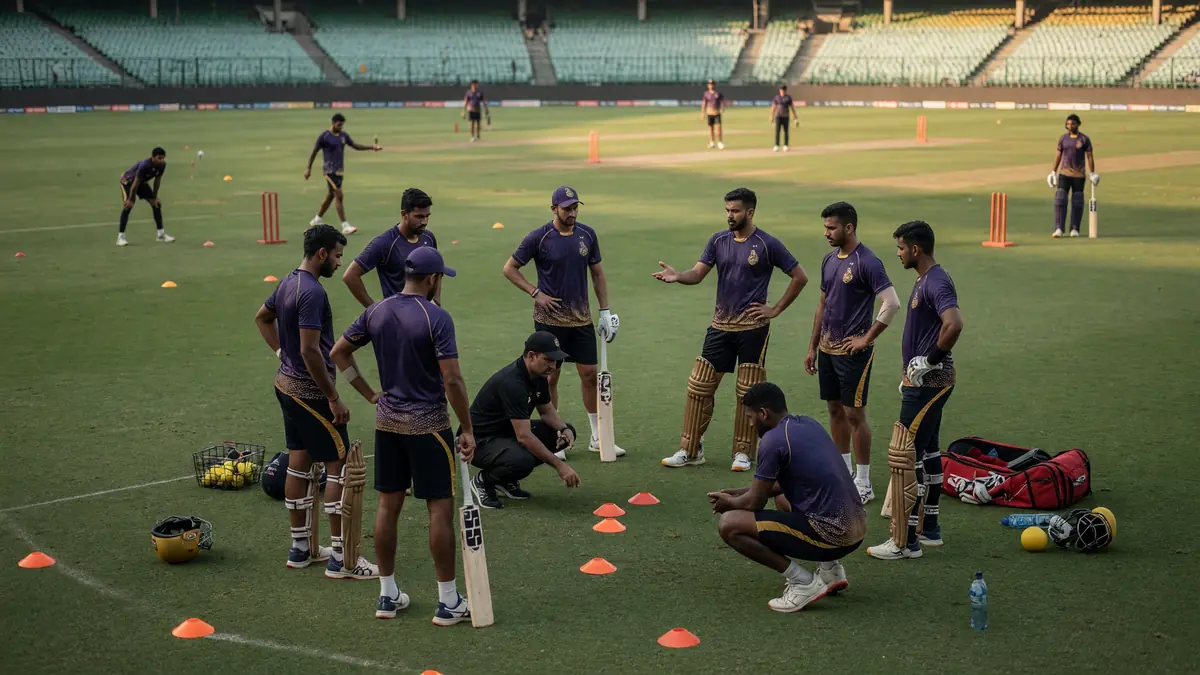 Two spin bowlers and close fielders set a tight ring on a dry pitch during a night T20 match