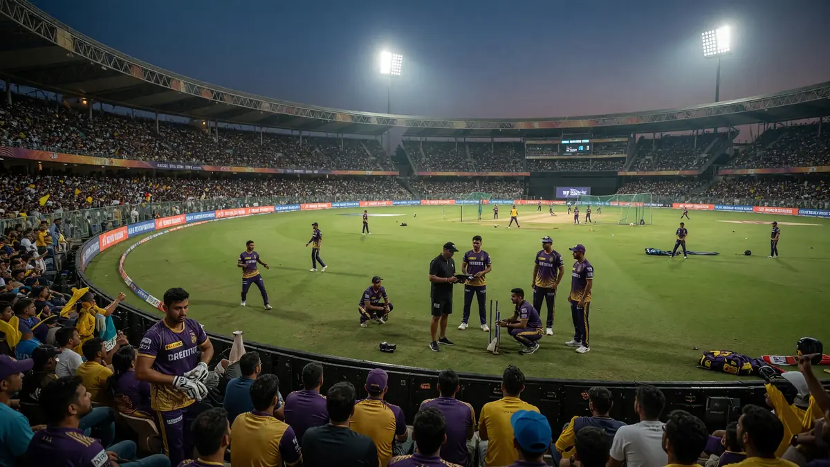 Wide night view of a packed floodlit cricket stadium with the square prepared and stands filled ahead of an IPL opener