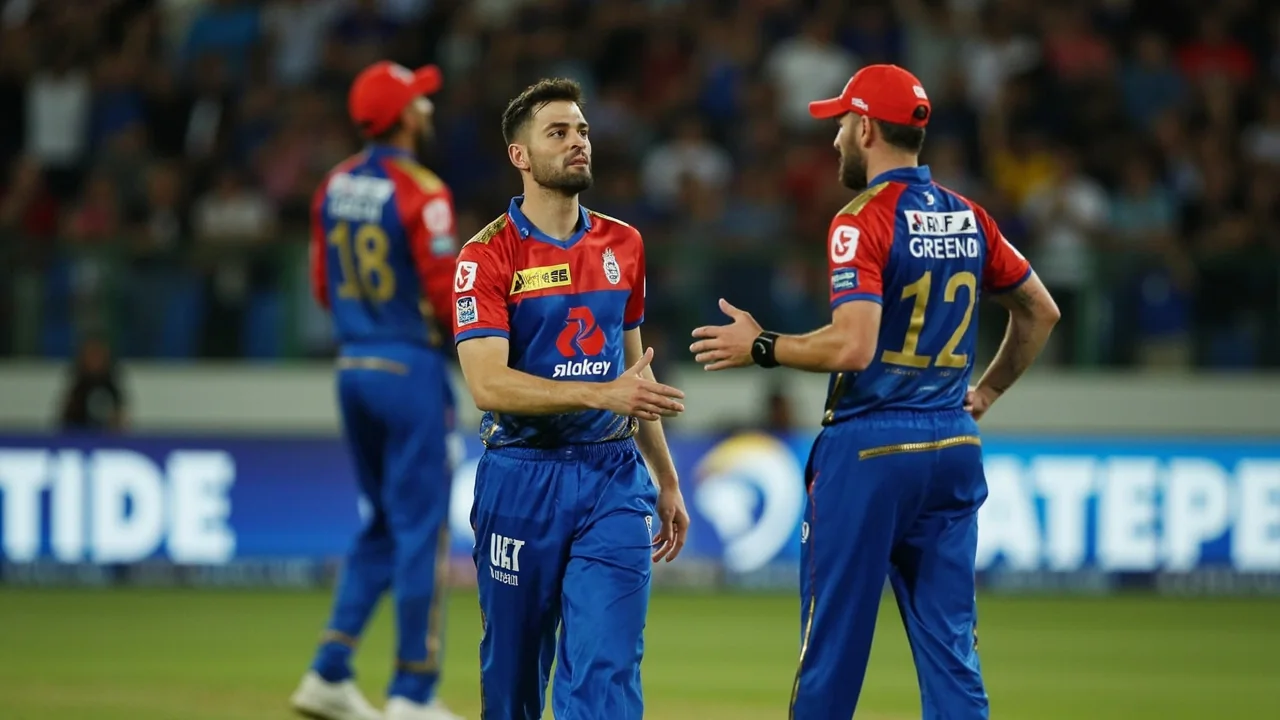 Medium view of the batting end with the non-striker watching from the crease, captain and wicketkeeper conferring behind the stumps